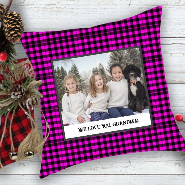 Rustic Rosa Tartan Foto För Farföräldrar Kudde (Skapare uppladdad)