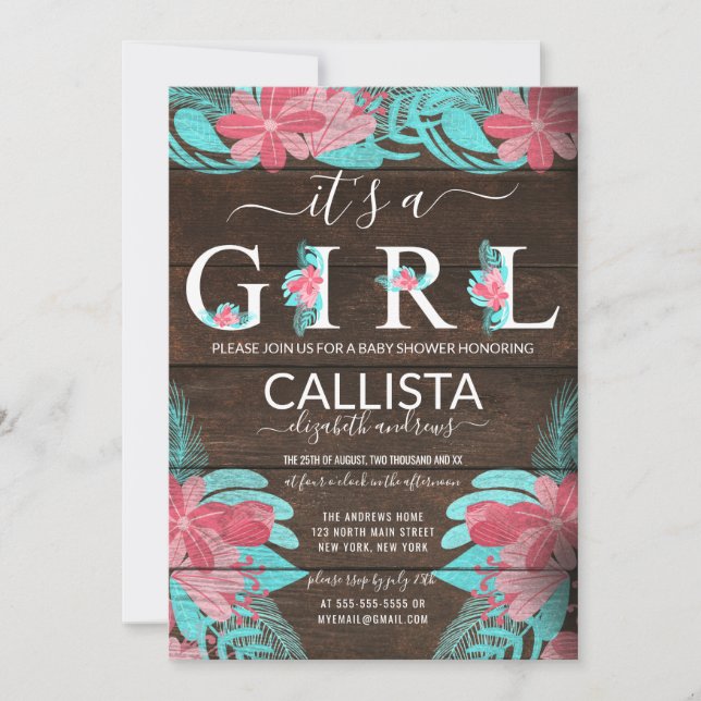 Rustic Rosa Teal Blommigt Wood Girl Baby Shower Inbjudningar (Framsida)
