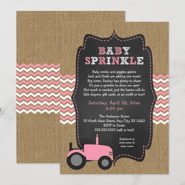 Rustic rosa Tractor Baby Sprinkle Inbjudningar (Fram/baksida)