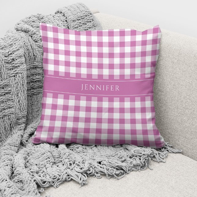Rustic Rosa & White Gingham Mönster Namn Kudde (Skapare uppladdad)
