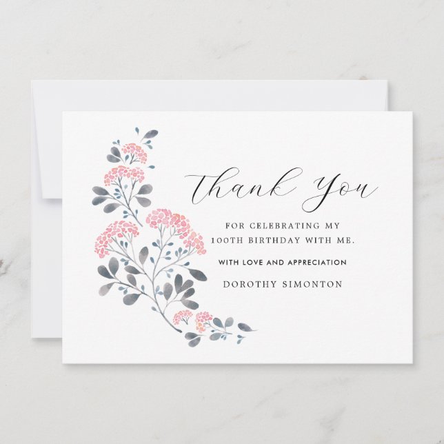Rustic Rosa Wildblomma 100:e födelsedagen Tack (Framsida)