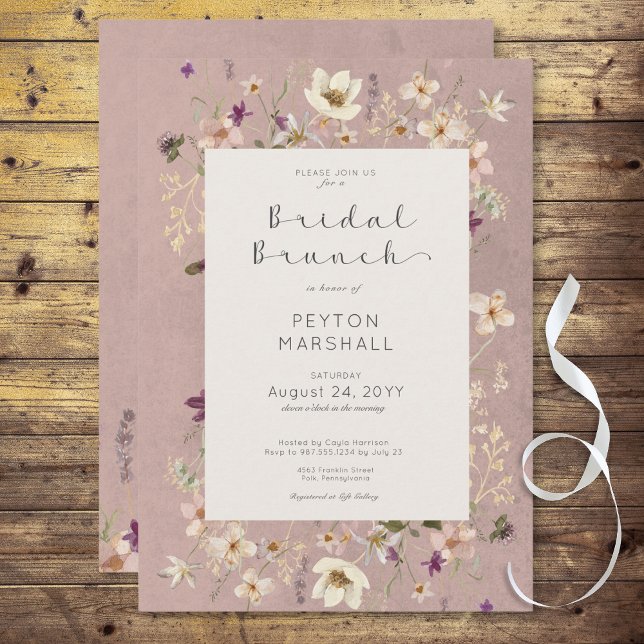 Rustic Rosa Wildblomme Ram Möhippa Brunch Inbjudningar (Rustic Pink Wildflower Frame Bridal Brunch Invitation)