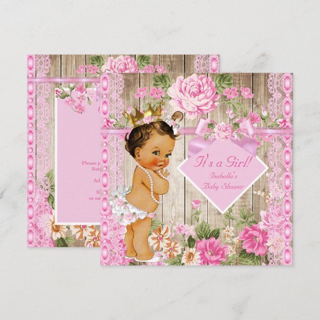 Rustic Rosa Wood Princess Baby Shower Brunette Inbjudningar (Fram/baksida)