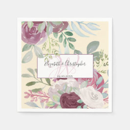 Rustic Rose Blommig Akvarell Burgunder Röd Bröllop Pappersservett