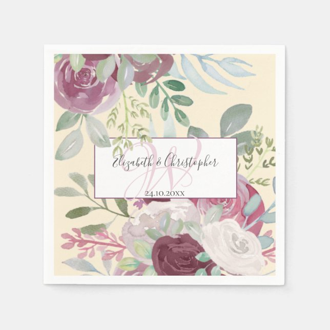 Rustic Rose Blommig Akvarell Burgunder Röd Bröllop Pappersservett (Framsidan)