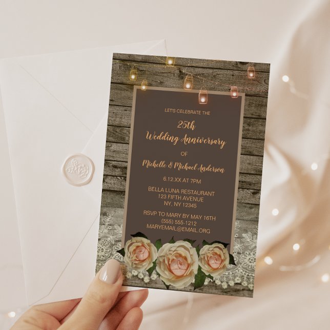 Rustic Rose Lace Masonkruka Ljus 25-årsjubileum Inbjudningar (Skapare uppladdad)