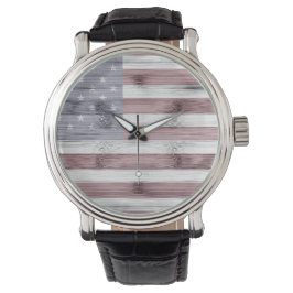 Rustic Rött vitt blått Wood USA flagga America Armbandsur
