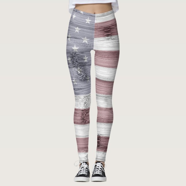 Rustic Rött vitt blått Wood USA flagga America Leggings (Framsida)