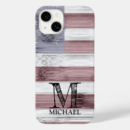 Rustic Rött vitt blått Wood USA flagga Monogram