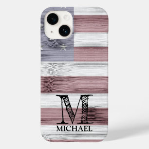 Rustic Rött vitt blått Wood USA flagga Monogram