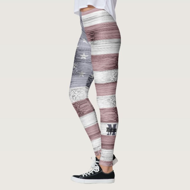 Rustic Rött vitt blått Wood USA flagga Monogram Leggings (Vänster)