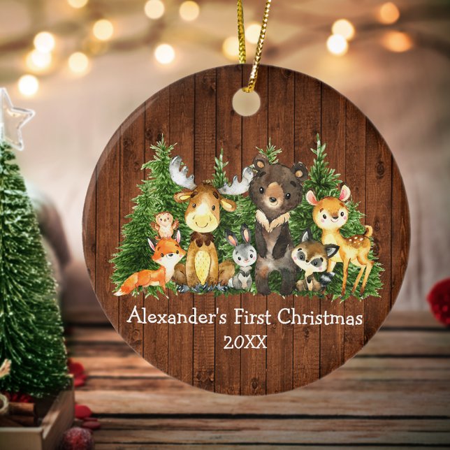 Rustic Round, baby, första julskogen Animals Julgransprydnad Keramik (Customize with name and year.)