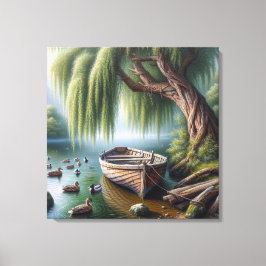 Rustic Rowboat under Willow Träd Canvastryck
