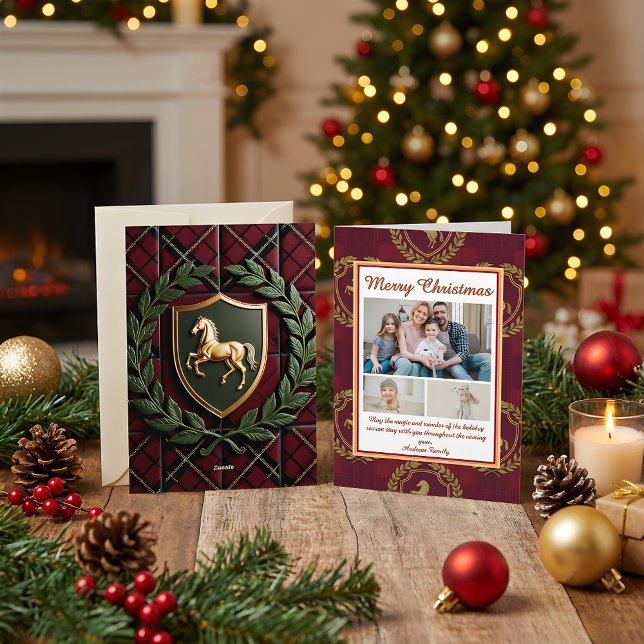 Rustic Royal Christmas Plaid 3 Photo Holiday Card Julkort (Skapare uppladdad)