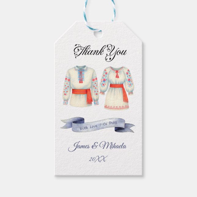 Rustic Rumänska Bröllop Traditional Folk Costumes Presentetikett (Framsidan)