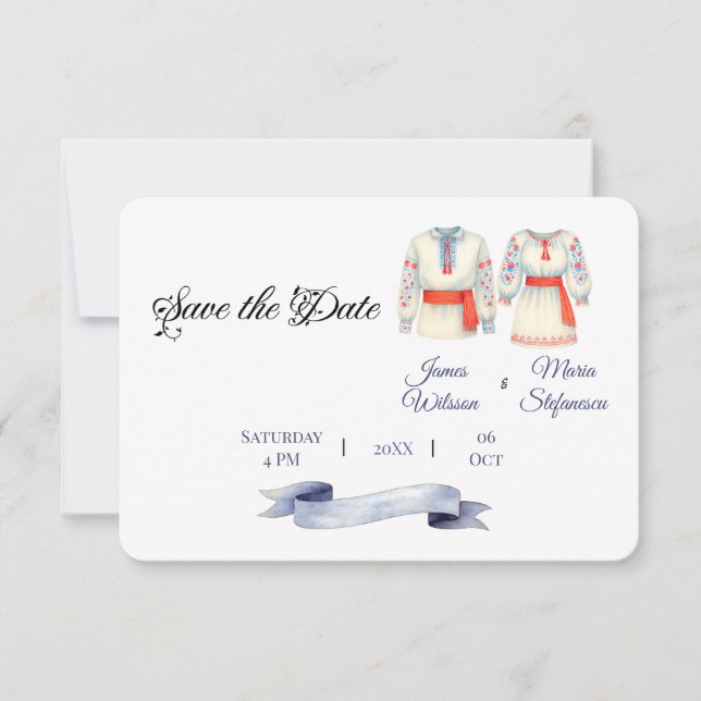 Rustic Rumänska Bröllop Traditional Folk Costumes Spara Datumet (Framsida)