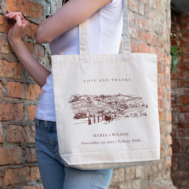 Rustic Rust Brown Winery Mountain Sketch Bröllop Tygkasse (Skapare uppladdad)