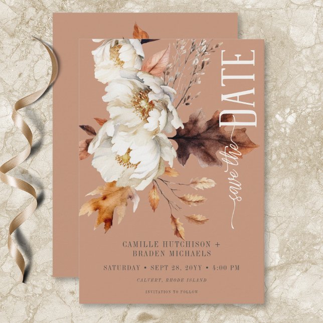 Rustic Rust Cream & Brown Fall Blommigt Spara Datumet (Rustic Rust Cream & Brown Fall Floral Save The Date)