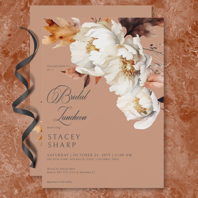 Rustic Rust & Cream Fall Blommigt & Lövs Luncheon Inbjudningar (Rustic Rust & Cream Fall Floral & Leaves Luncheon Invitation)