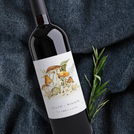 Rustic Rust Orange Mushroom Fern Foliage Bröllop Vinflaska Etikett