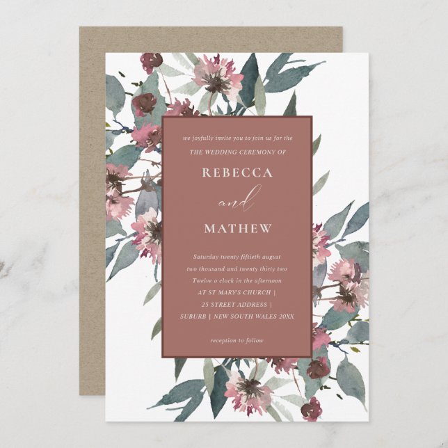 RUSTIC RUST ROSA EUCALYPTUS BLOMMIGT WEDDING INVIT TACK KORT (Fram/baksida)
