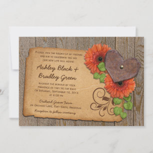 Rustic Rusty Heart Orange Daisy Landsbyggsbröllop Inbjudningar
