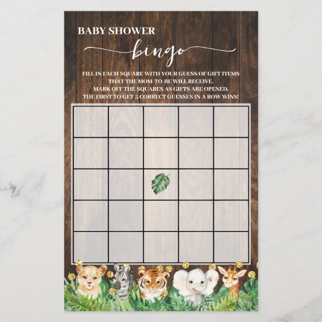 Rustic Safari Animals Babyskor Bingo Game Card Flygblad (Framsidan)