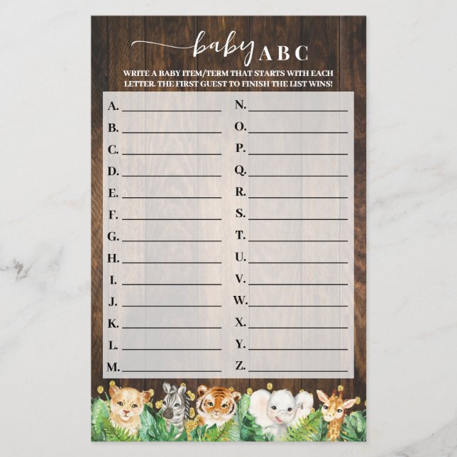 Rustic Safari Baby ABC-babyvykort Flygblad (Framsidan)