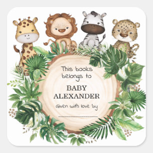Rustic Safari Jungle Animals Bokar for Baby Shower Fyrkantigt Klistermärke
