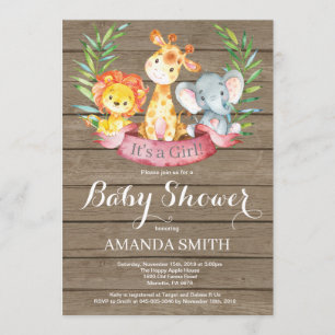 Rustic Safari Jungle Animals Girl Baby Shower Inbjudningar