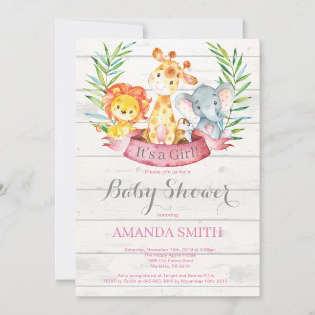 Rustic Safari Jungle Animals Girl Baby Shower Inbjudningar (Framsida)