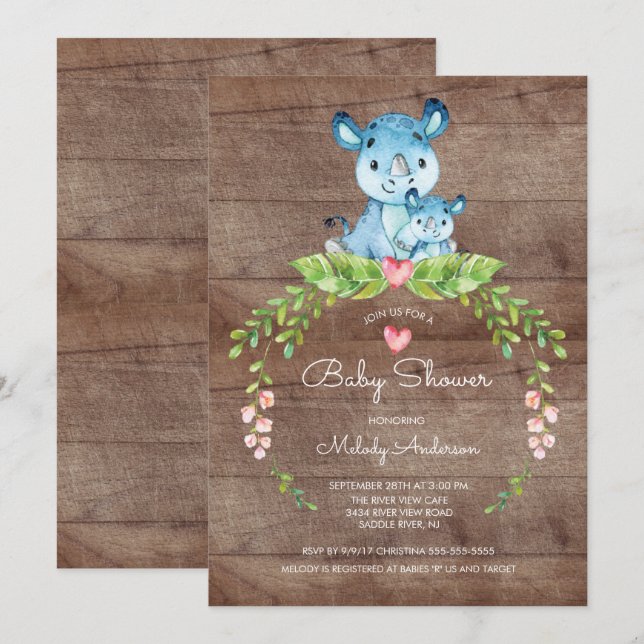 RUSTIC Safari Jungle Hippo Baby Shower-inbjudan Inbjudningar (Fram/baksida)