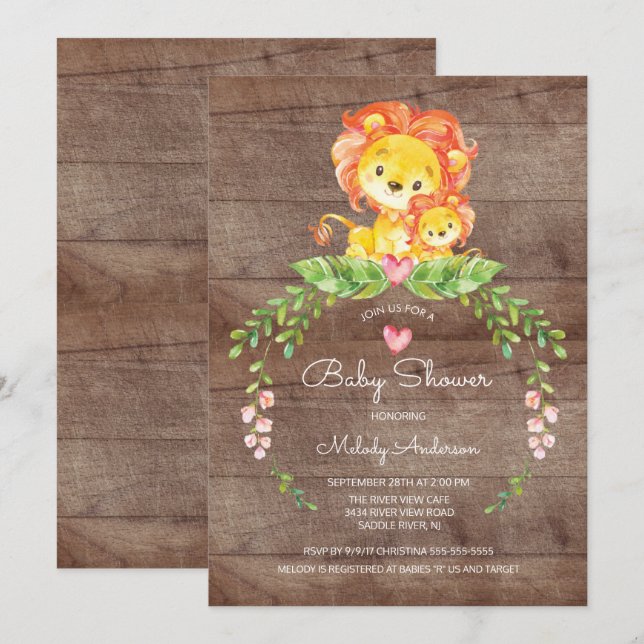 Rustic Safari Jungle Lejon Baby Shower-inbjudan Inbjudningar (Fram/baksida)