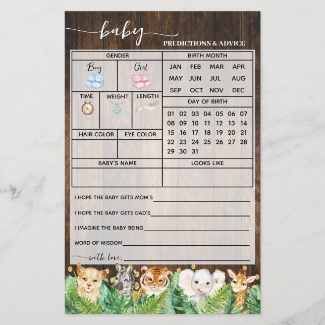Rustic Safari Predictions Advice Baby Shower Card Flygblad (Framsidan)