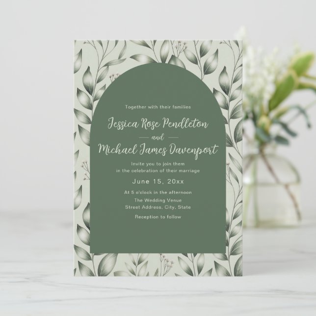 Rustic Sage Green Botanical Arch Photo Wedding Inbjudningar (Stående Fram)