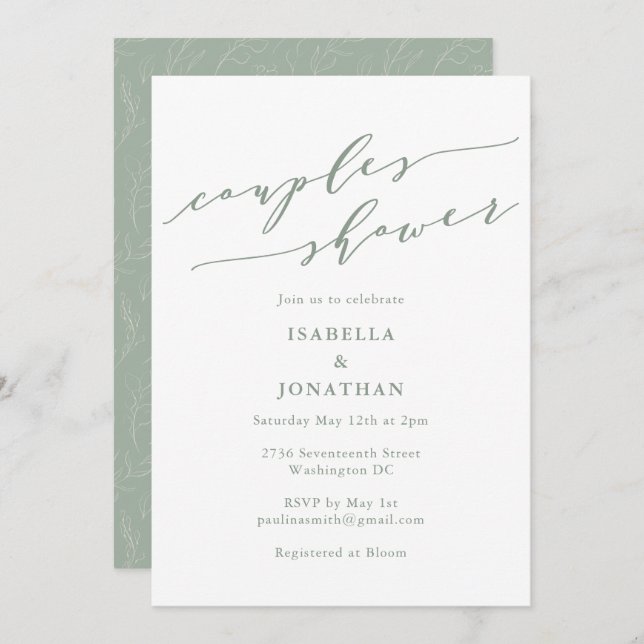 Rustic Sage Green Botanical Script Couples Shower Inbjudningar (Fram/baksida)