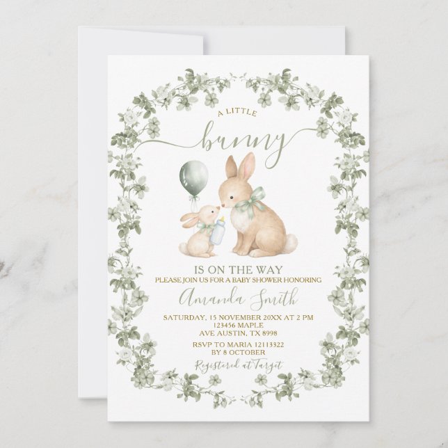 Rustic Sage Green Bunny Baby Shower Invitation Inbjudningar (Framsida)