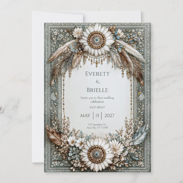Rustic Sage Green White Sunflower Feather Wedding Inbjudningar (Framsida)