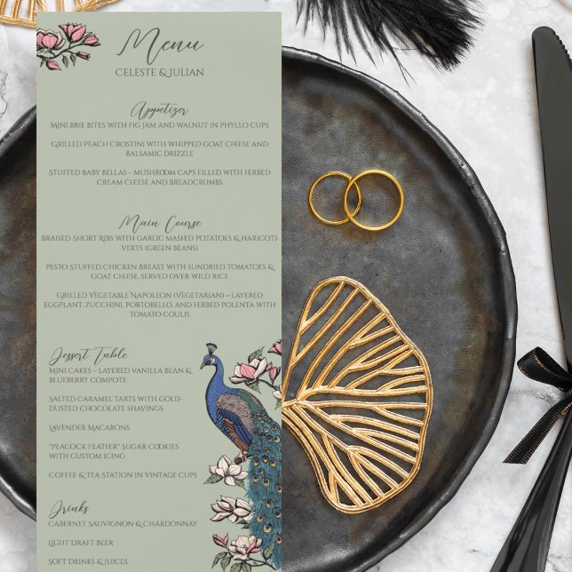 Rustic Sage Grönt Blommigt Peacock Bird Bröllop Me Meny (Rustic Sage Green Peacock Chinoiserie Wedding Menu for Wedding, Bridal Shower, Rehearsal Dinner.)