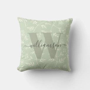 Rustic Sage Grönt Botanical Blommigt Monogrammed Kudde
