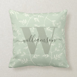 Rustic Sage Grönt Botanical Blommigt Monogrammed Kudde