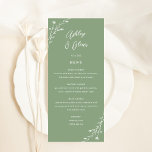 Rustic Sage Grönt Botanical Bröllop Menu Card Program<br><div class="desc">Det här vackra bröllopsmenykortet har en underbar bakgrund av grönten med handritade vilda blommor och elegantens typografi i vitt. Tillsammans skapar dessa inslag en strålande meny, men elegant bröllop, som skulle vara perfekt för ett romantiskt bröllop när som helst på året. Den här designen koordinerar med vår Rustic Wildblommor bröllop-svit....</div>