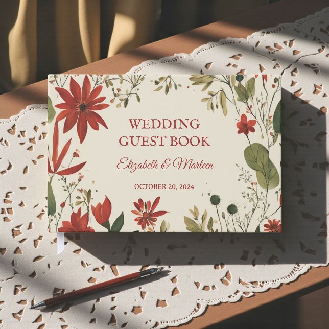 Rustic Sage Grönt & Burgundy Red Blommigt Höst Gästböcker (Skapare uppladdad)