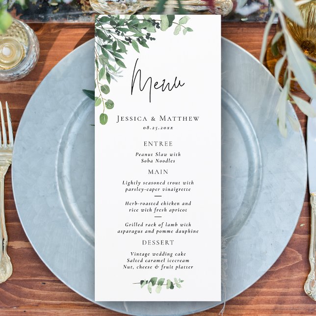 Rustic Sage Grönt Eucalyptus Bröllop Menu Meny (Rustic Sage Green Eucalyptus Wedding Menu)