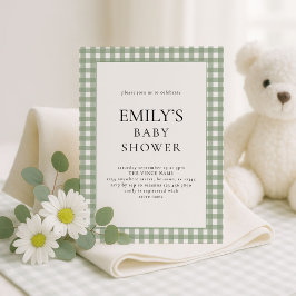 Rustic Sage Grönt Gingham Baby Shower Inbjudningar