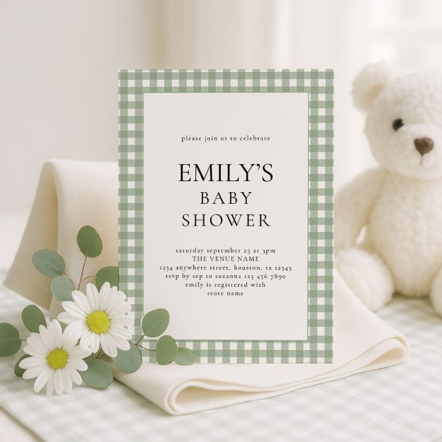 Rustic Sage Grönt Gingham Baby Shower Inbjudningar (Skapare uppladdad)