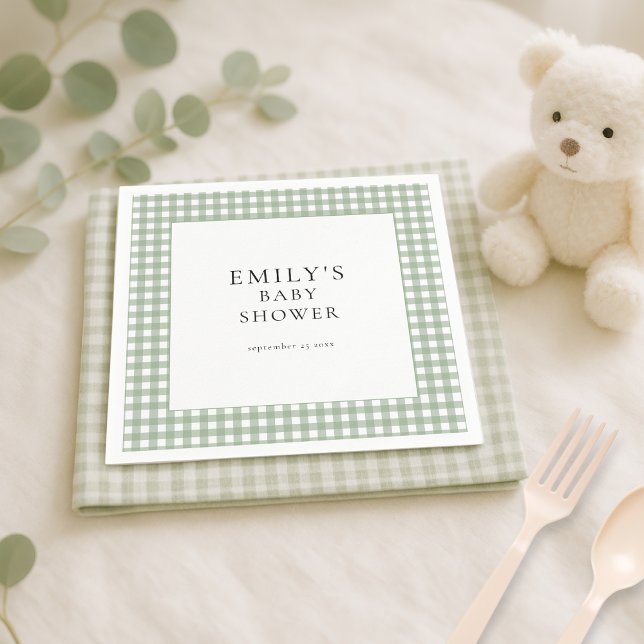 Rustic Sage Grönt Gingham Baby Shower Pappersservett (Skapare uppladdad)