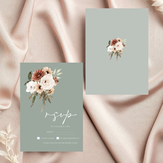 Rustic Sage Grönt Peach Blommigt Bröllop OSA Kort (Rustic Sage Green Peach Floral Wedding RSVP Card)