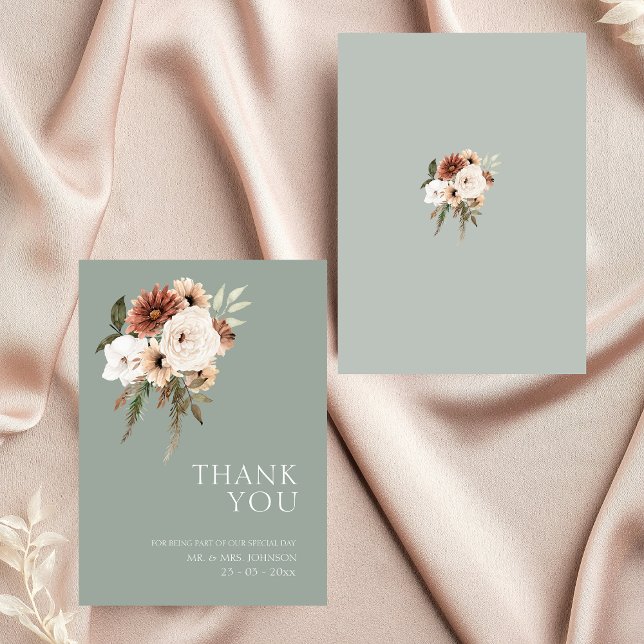 Rustic Sage Grönt Peach Blommigt Bröllop Tack Kort (Rustic Sage Green Peach Floral Wedding Thank You Card)