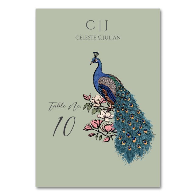 Rustic Sage Grönt Peacock Bröllop Bordsnummer (Framsidan)